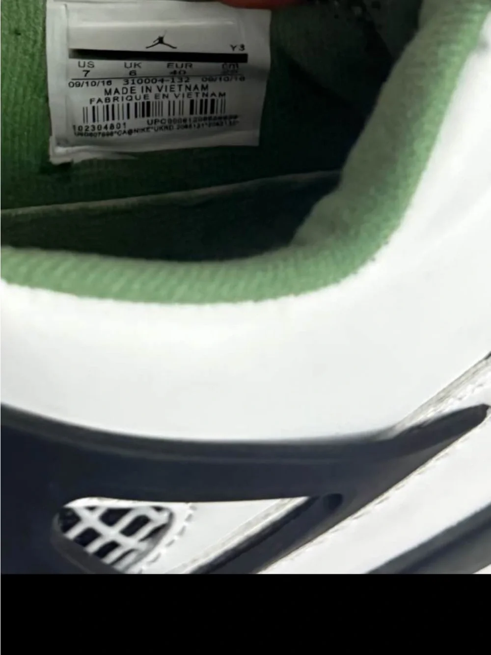 Jordan White Sneakers with Green Lining and Black Accents